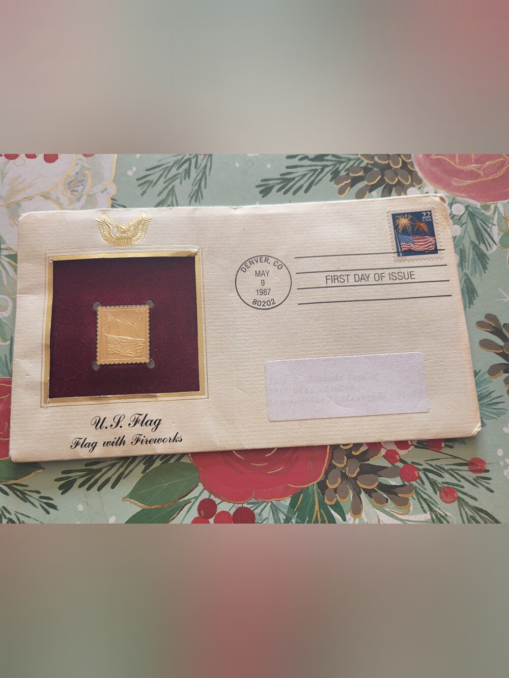 Vintage 1987 U.S. Flag & Fireworks 22KT Gold Stamp Replica First Day Cover FDC